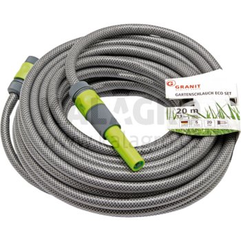 Gartenschlauch-Set 20 Meter • flexibilní hadice ½“ mit 18-vláknité diagonální zesílení • teplostní rozsah (-20°C až +60°C) • kritický tlak 20 bar (při 20°C) • montovaná vodní tryska (nastavitelná) • rychlospojka ½“ s aquastopem • rychlospojka ½“ s ko