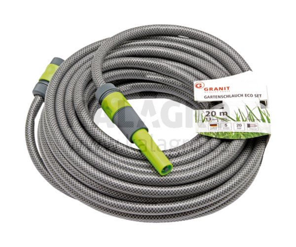 Gartenschlauch-Set 20 Meter • flexibilní hadice ½“ mit 18-vláknité diagonální zesílení • teplostní rozsah (-20°C až +60°C) • kritický tlak 20 bar (při 20°C) • montovaná vodní tryska (nastavitelná) • rychlospojka ½“ s aquastopem • rychlospojka ½“ s ko