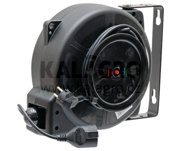 Automatický naviják kabelu 15 m Rozestup otvoru k zavěšení 120 mm. Mírný tah za kabel je dostatečný a automatický navíječ uloží celý kabel do pouzdra kabelové cívky. Díky pevnému zajištění kabelu nelze ochrannou kontaktní spojku během navíjení zatáhn