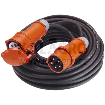 Silnoproudý prodlužovací kabel 400 V, pro těžký provoz, 32, 25 m se zástrčkou CEE a zásuvky CEE, vodotěsný, pro použití na stavbách, těžká gumová hadice H07RN-F5G2,5, IP44