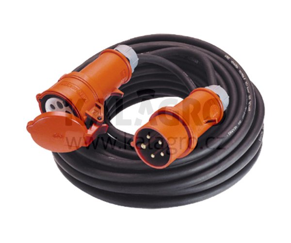 Silnoproudý prodlužovací kabel 400 V, pro těžký provoz, 32, 25 m se zástrčkou CEE a zásuvky CEE, vodotěsný, pro použití na stavbách, těžká gumová hadice H07RN-F5G2,5, IP44