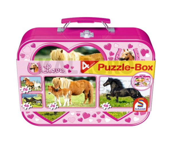 Koně, puzzle v boxu 2x26, 2x48 dílků v kovové krabičce od 3 let