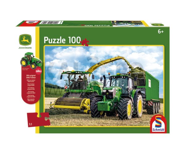 Puzzle, John Deere 6195M und Feldhäcksler 8500i + Original Siku Traktor, 100 Teile