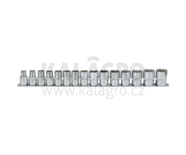 1/2" dvanáctihranná sada bitů a ořechů, 15 dílů, 10-24mm" 15-dílná, připevněné na liště 38 mm dlouhé