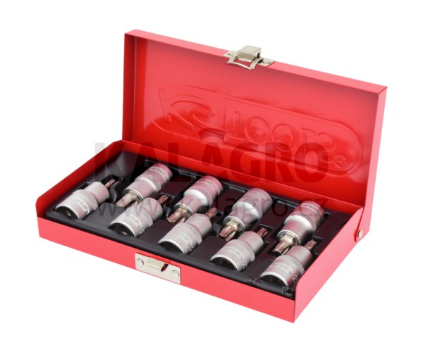1/2" Sada bitů a ořechů pro TX-šrouby, 9-dílů., T20-T60" 9-dílná, v plechové kazetě TORX® 1/2", 55 mm dlouhé"