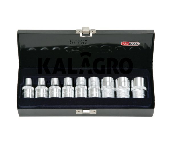 1/2" TX-E-ořechy-sada, 9-dílů., E10-E24" 9-dílná, v kazetě TORX® E-profil 1/2" 38 mm dlouhé"
